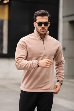 Erkek Yarım Fermuarlı Boğazlı Basic Bej Polar Sweat