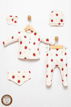 %100 Pamuklu Organik Çilek Baskılı Yenidoğan Hastane Çıkış Seti 5li