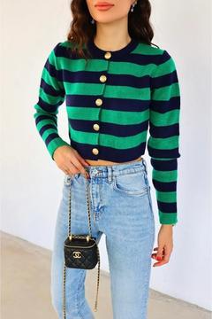 Yeşil Şeritli Gold Düğmeli Crop Hırka