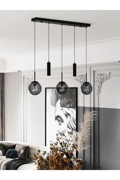 NARA Siyah Metal Gövdeli 5'li Modern Sıralı Sarkıt Avize- 2 Spot Led 3 Füme Cam Küre Avize