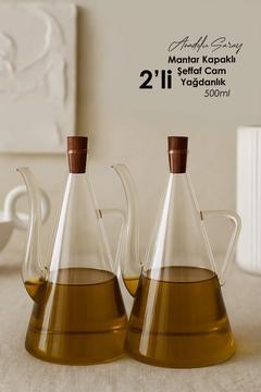 2'li 500ml Mantar Kapaklı Şeffaf Cam Yağdanlık Tasarım Borosilikat Cam Zeytinyağı ve Sirkelik Şişesi