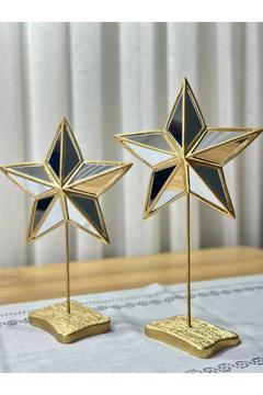 2'li Şık Dekoratif Aynalı Yıldız Gold Renk Dekor Obje Dekorasyon Mermerit malzeme