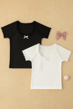 Kadın 2'li Paket Göğsü ve Kolları Dantelli Fiyonklu Kısa Kol Crop Top Bluz