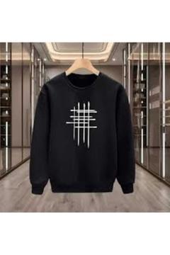 Line Design Baskılı Oversize Kapüşonlu Kanguru Cep