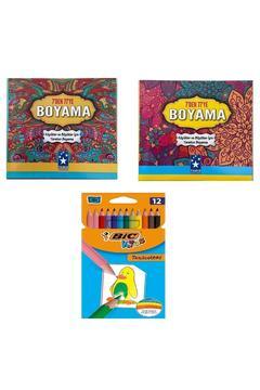 Mandala Boyama Seti - 2 Kitap Ve Bic 12 Renk Kuru Boya Kalemi