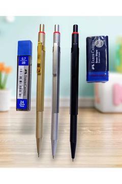3 Lü Hafifleştirilmiş Metalden 0.7 Uçlu Kalem Seti Silgi Uç Hediyeli  Versatil _ Gold Silver Siyah