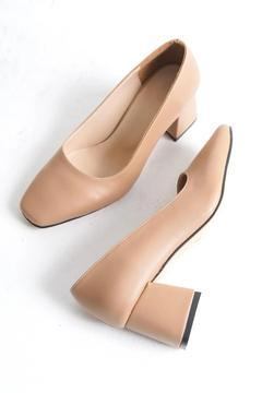 Hakiki Deri Kadın Kısa Klasik Topuklu Ayakkabı Küt Burun Casual