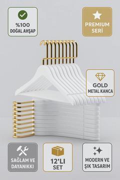 Ahşap Elbise Askısı 12’li Set – Gold Kanca Masif Beyaz Premium Seri
