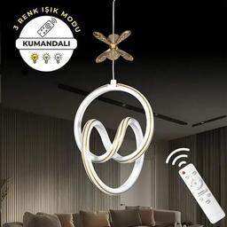Yaren Beyaz Kumandalı 3 Renk LED Gold Çizgili Gold Kelebek Dekorlu Sarkıt Avize
