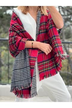 Ekose Kırmızı Çift Taraflı Iskoç Desenli Kalın Şal Atkı