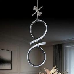 Badem Siyah Özel Tasarım Krom Çizgili Krom Dekor Kelebek Detaylı Sarkık Beyaz Ledli Avize