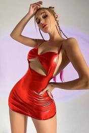 Fantazi Lame Mini Kırmızı Deri Gecelik