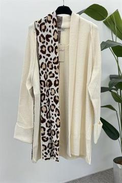 Angora Leopar Desenli Hırka 7633 - Vanilya - Kahve