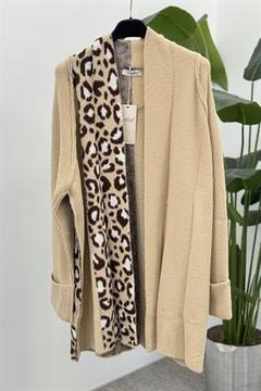 Angora Leopar Desenli Hırka 7633 - Bisküvi - Kahve