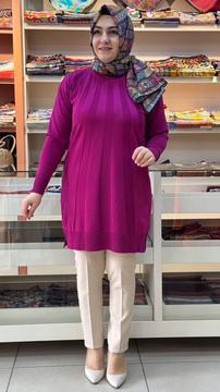 Kendinden Paralel Çizgili Triko Tunik Fuşya/10139