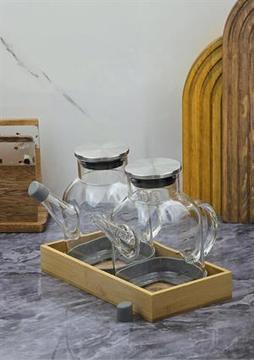 Borosilikat Cam Yağdanlık Seti - Bambu Altlıklı Yağdanlık Takımı - 2x550 ML