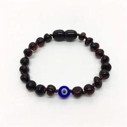 Kehribar Bebek Bileklik Vişne Rengi-Nazar Boncuklu(koyu renk)