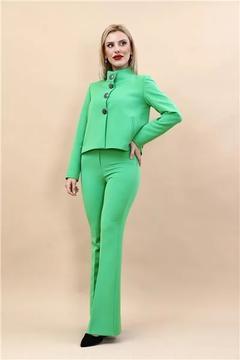 Boydan Düğmeli Mini Ceket & İspanyol Paça Pantolon Takım-Yeşil