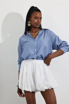 Mavi Denim Görünümlü Sedef Düğmeli Gömlek 70201