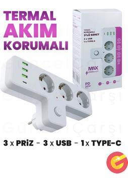 Termal Akım, Çocuk Korumalı 3'lü Duvar T Priz 3xusb 1xtype-C 20W, Isıya Dayanıklı Topraklı Üçlü Priz