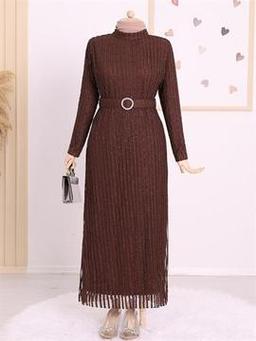 Stoned Belt Glitter Striped Tulle Plus Size Dress -Brown