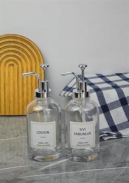 Cam Sıvı Sabunluk Seti - 2li Spreyli Losyon ve Sabun Dispenseri - 2x500 ML