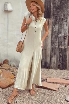 Önden Düğmeli Geniş Paça Bürümcük Tulum Bej