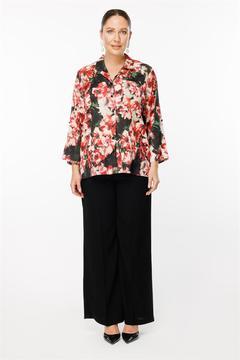 Büyük Beden Baskı Desenli Saten Gömlek-KIRMIZI