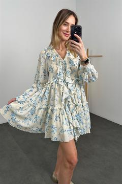 Mavi V Yaka Önü Fırfırlı Elbise