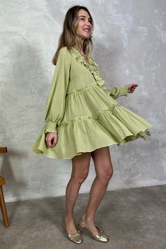 Yeşil V Yaka Önü Fırfırlı Elbise