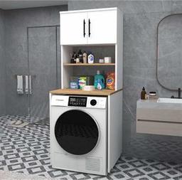 Enda Home Çamaşır Makinesi Dolabı 3 Raflı Kapaklı Banyo Dolabı Atlantik Çam - Beyaz