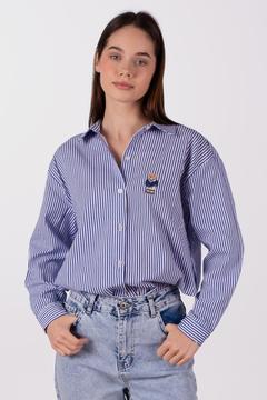Ayıcık Nakışlı Çizgili Oversize Gömlek - Mavi/Beyaz