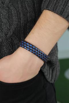 Lacivert Damalı Deri Erkek Bileklik