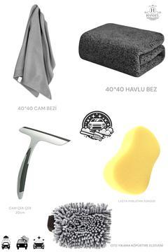 5'li Oto Yıkama Seti Mikrofiber Kurulama Bezi, Araba Yıkama Eldiveni, Cam Bezi 40x40, Lastik Süngeri