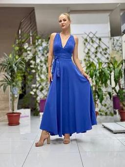 PT25071 Omuz Bağlamalı Belden Kuşaklı Sırtı Açık Coton Elbise Marin