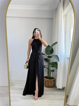 Siyah Halter Yaka Ön Bağlama Detaylı Desenli Jakar Elbise K251656