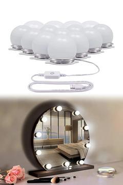 Hollywood Tarzı 10'lu Makyaj Masası Aynası Ledi Nostaljik Ayna Led Işık Usb'li Ayarlanabilir 10 lu
