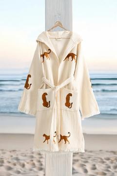 Organik %100 Pamuk Kapşonlu Sabalık Bornoz Plaj Elbisesi - Leopar - L/XL