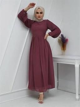 Sleeves Pleated Detailed Front Cup Chiffon Dress -Dried Rose