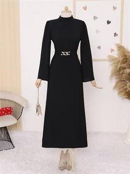 Beli Zincir Kemerli Krep Elbise -Black