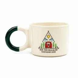 Bir Yer Bulalım Dünyadan Uzak Krem Parlak Düğüm Kulp Fincan (Yeşil Kulp) - Hediye Seramik Fincan