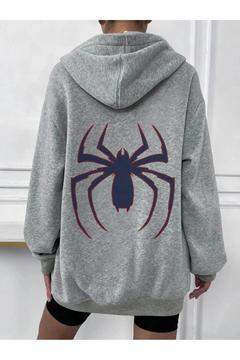 Büyük Örümcek Sweatshirt Fermuarlı Hırka - Gri Baskılı Oversize Cepli Kışlık Kapüşonlu