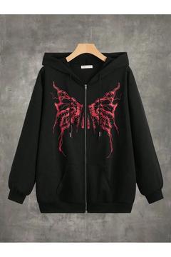 Y2K Kelebek Baskılı Bol Kesim Sweatshirt Fermuarlı Hırka - Siyah Baskılı Oversize Cepli Kapüşonlu