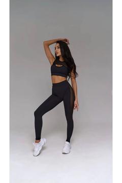 Dalgıç Kumaş Spor Tayt-Crop Tül Detaylı İkili Takım
