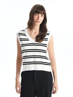 V Yaka Çizgili Kadın Triko Süveter