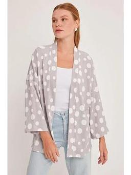 Kadın Gri Beyaz Puantiyeli Örme Kimono 5862