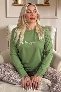 Yeşil Life is Good Desenli Uzun Kollu Bambu Örme Kadın Pijama Takımı