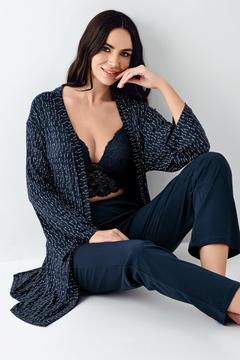 Kadın Lacivert 3'lü Pijama Takım, Düz Alt Pijama Desenli Sabahlık ve Bralet Takım %50 Pamuk %50 modal