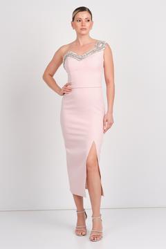 Balen Kadın Taş İşlemeli Tek Omuz Detaylı Midi Abiye Elbise 5136 Pudra