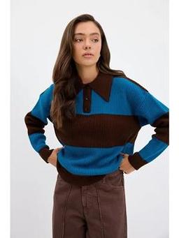 Polo Yaka Çift Renkli Triko Kazak Kahve